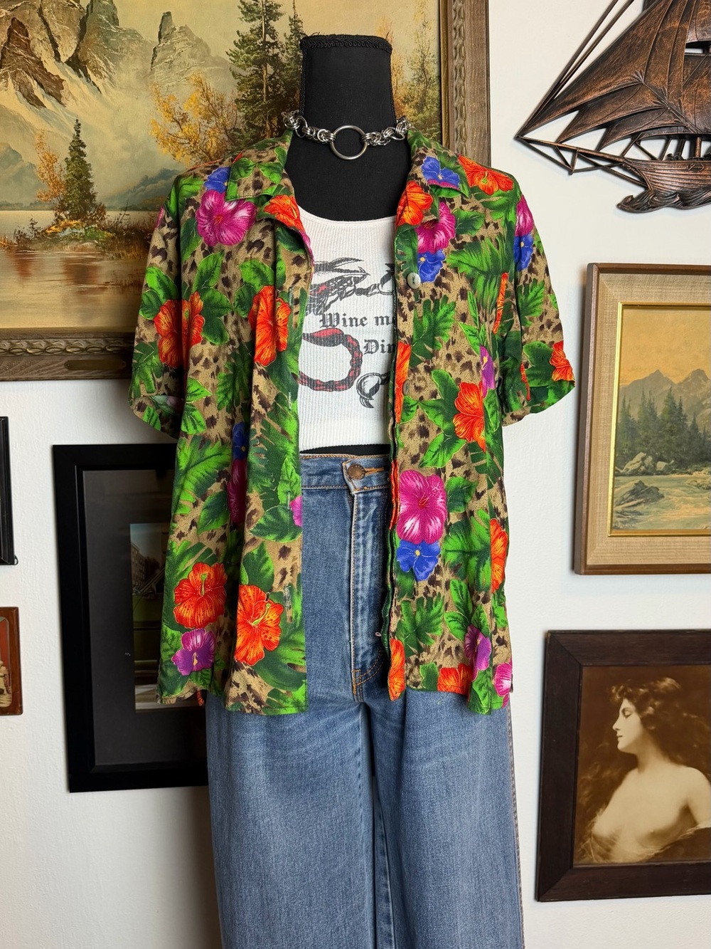 Vintage 90s Leopard & Floral Blouse Women's Size Medium